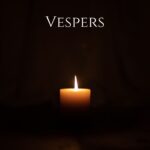 A lit candle in the darkness, with the word "Vespers" above it.