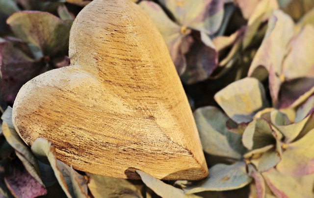 A carved wooden heart rests among dried leaves.