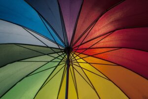 The interior of an umbrella in rainbow colors.
