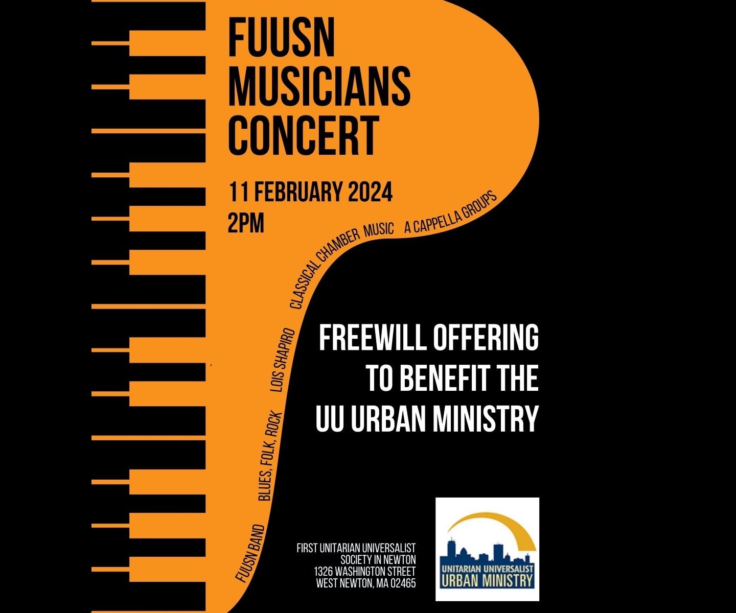A flyer with a stylized piano in gold and black reads, 