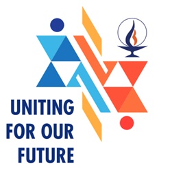 Stylized logo with chalice that reads, "Uniting for our future."