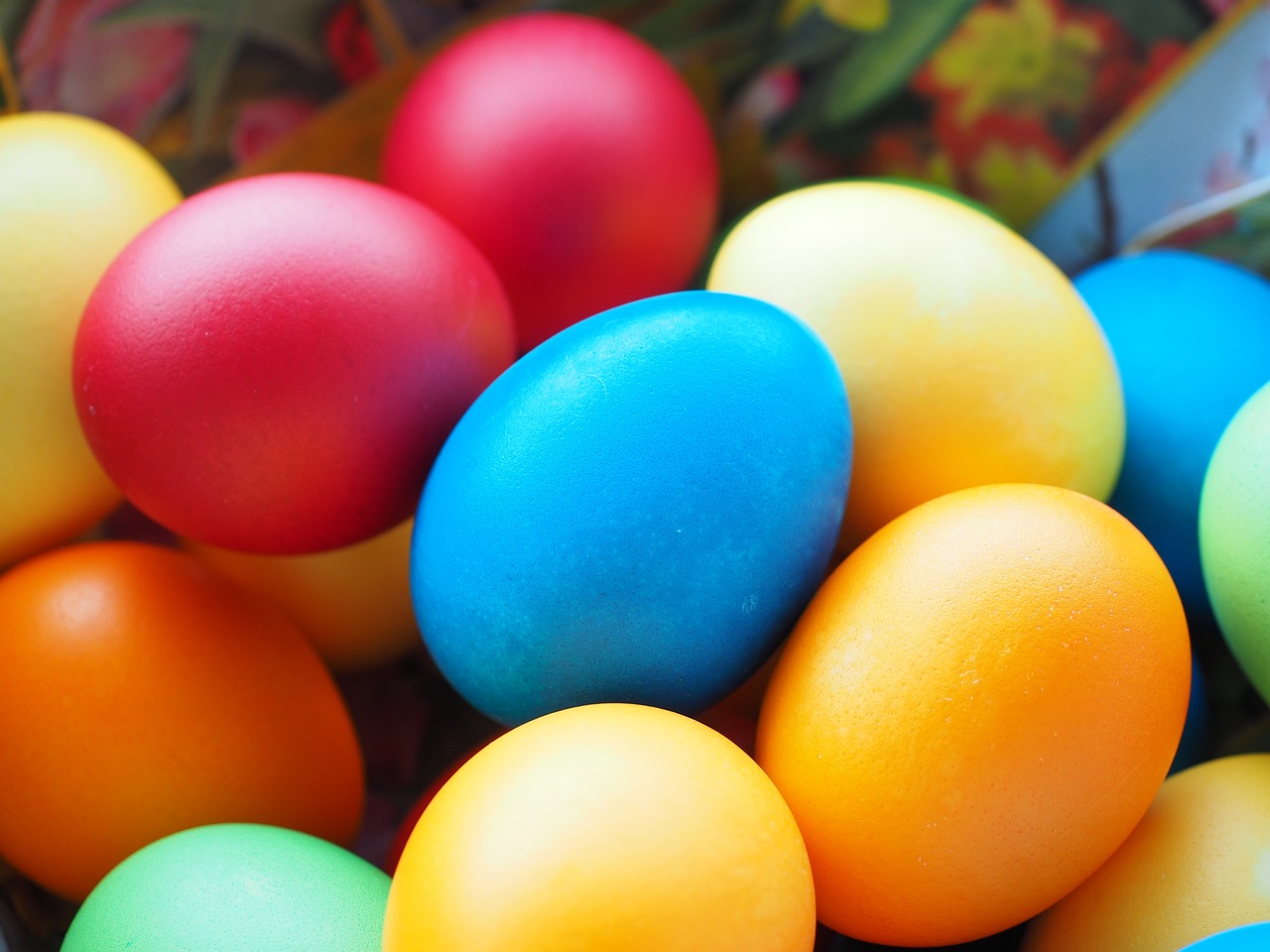 A pile of multicolored eggs.